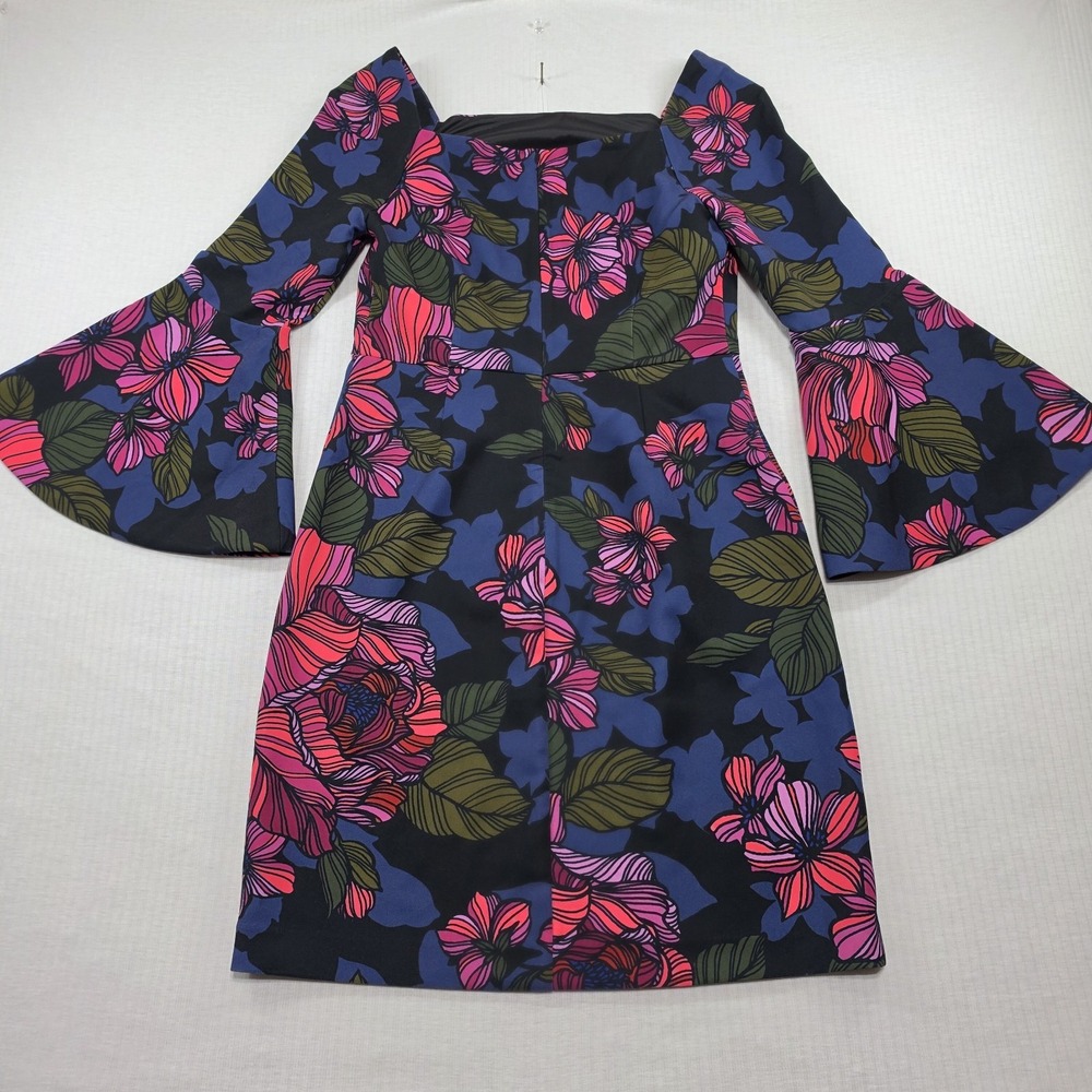 NWT Trina Trina Turk Pink Blue Floral Bell Sleeve Shift Dress Size 6 Retro Mod - Picture 9 of 12